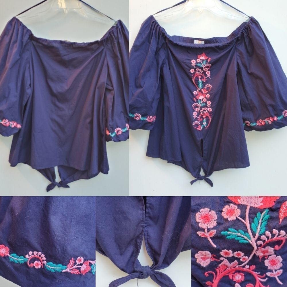 NEW Embroidered Balloon sleeve tie boho Top SMALL